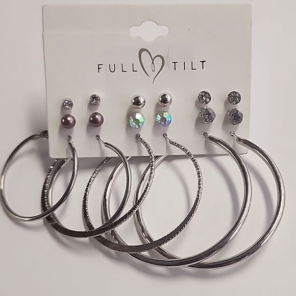 Full Tilt Earring Set Hoops and Stud Silver Tone Womens Teens Jewelry - Picture 1 of 5